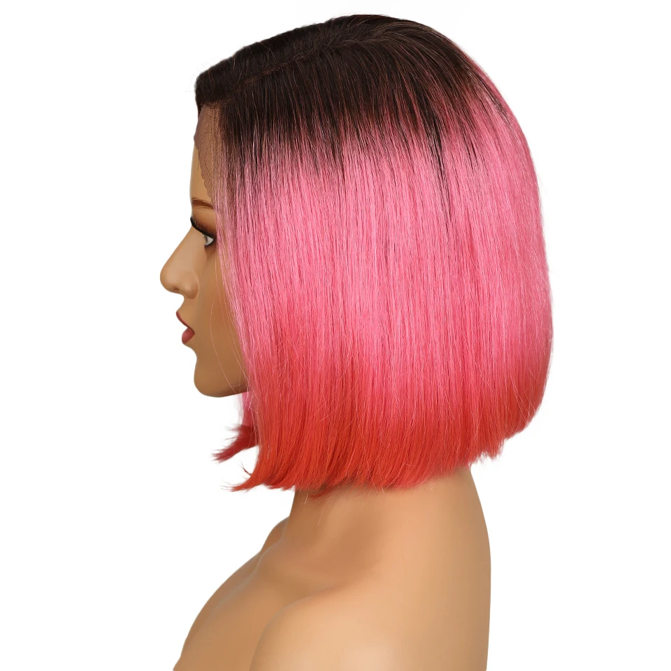 Гладкий шелковистый причёска Боб с прямыми волосами фронта шнурка человеческих волос парики для женщин два тона 2/розовый цвет средняя часть Омбре часть парик шнурка