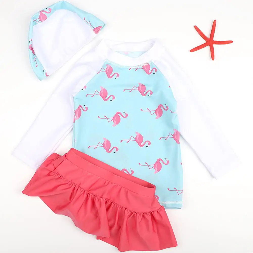 Kidlove/топы с длинными рукавами для маленьких девочек; юбки; комплект из двух предметов; купальный костюм с милым фламинго