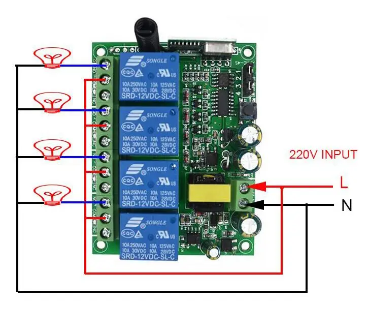 433 mhz AC220V 220 V 4CH RF беспроводной пульт дистанционного управления релейный переключатель системы безопасности для трубчатого двигателя гаражной двери лампа для жалюзи