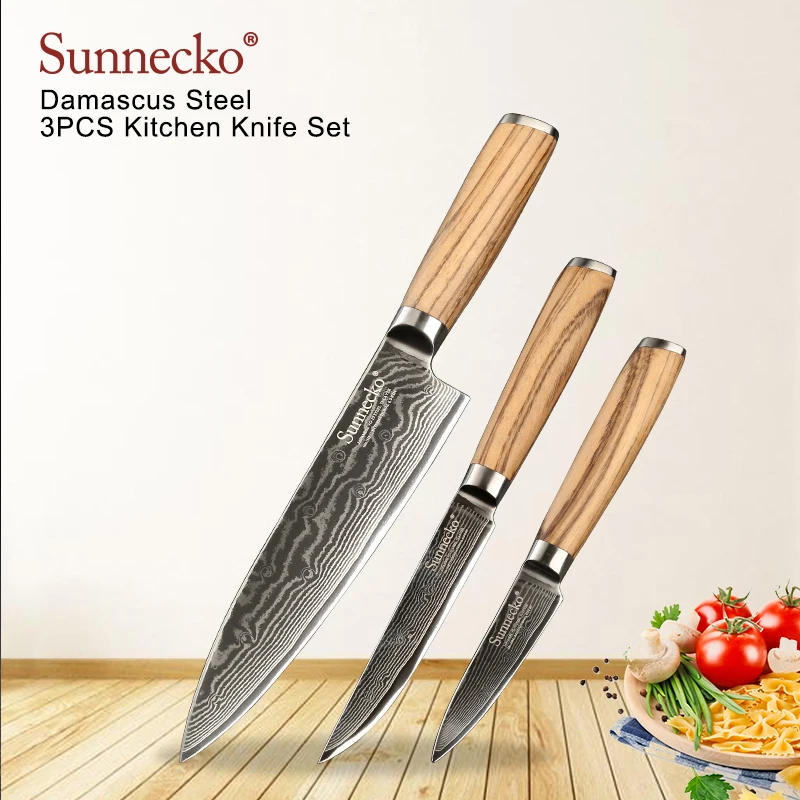

SUNNECKO 3PCS Kitchen Knives Set Paring Utility Chef Knife Damascus Japanese VG10 Steel Sharp Cutting Tool Original Wood Handle