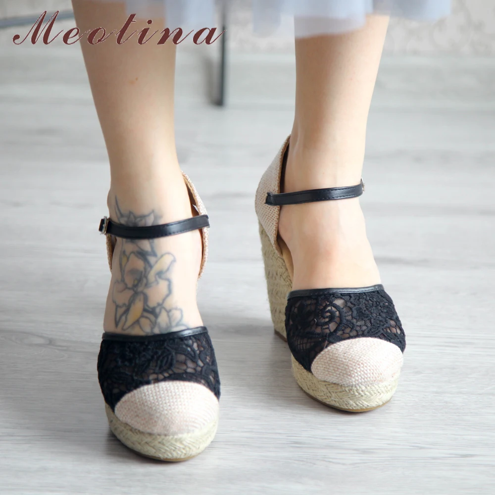 

Meotina Bohemia Lace High Heels Women Sandals Espadrille Platform Wedges Heels Wedding Shoes Ankle Strap Sandals Summer Size 43