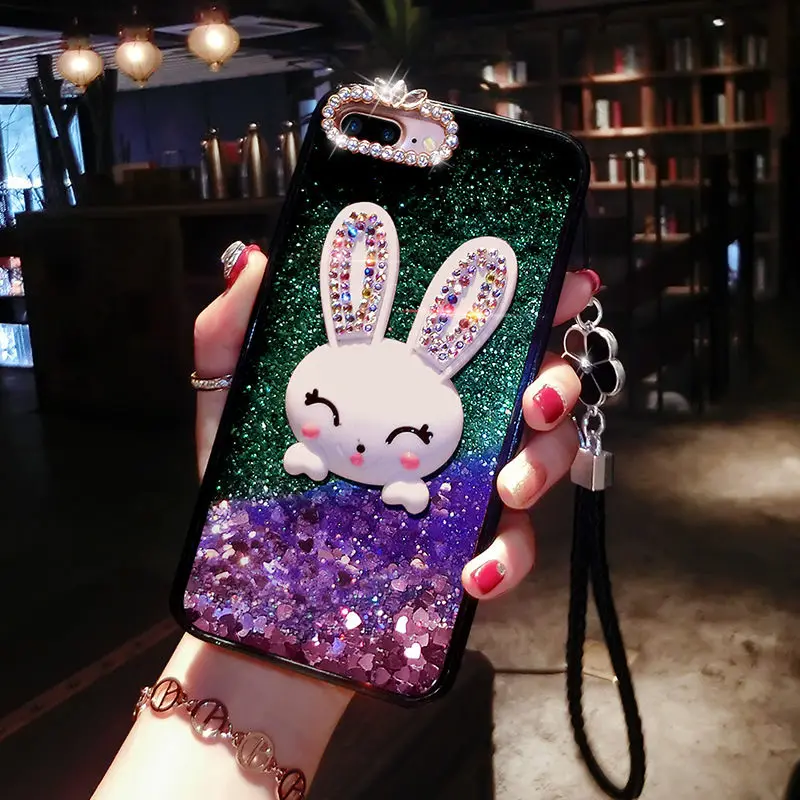 Guties Блестящий с жидкостью зыбучий песок Алмазный чехол для телефона для iPhone 6 6S 7 8 Plus X Блестящий ПК Блестящий 3D чехол-кролик крышка fundas - Цвет: Purple