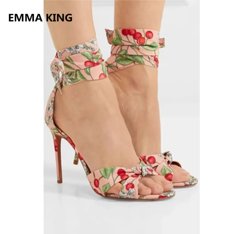 Ouvert Talon In Shown Cheville Gladiateur Talons Lacets Les Femmes À Sandales Mode Femme Mince Imprime De Picture Chaussures D'été Bout Fruit Soirée Dames As w1HnzqBX