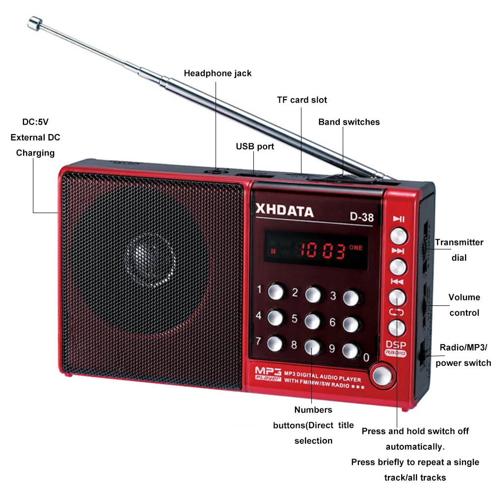XHDATA D-38 FM стерео радио MW/SW/MP3-плеер экран DSP Vollband портативное радио(английский/немецкий/японский/русский Руководство пользователя