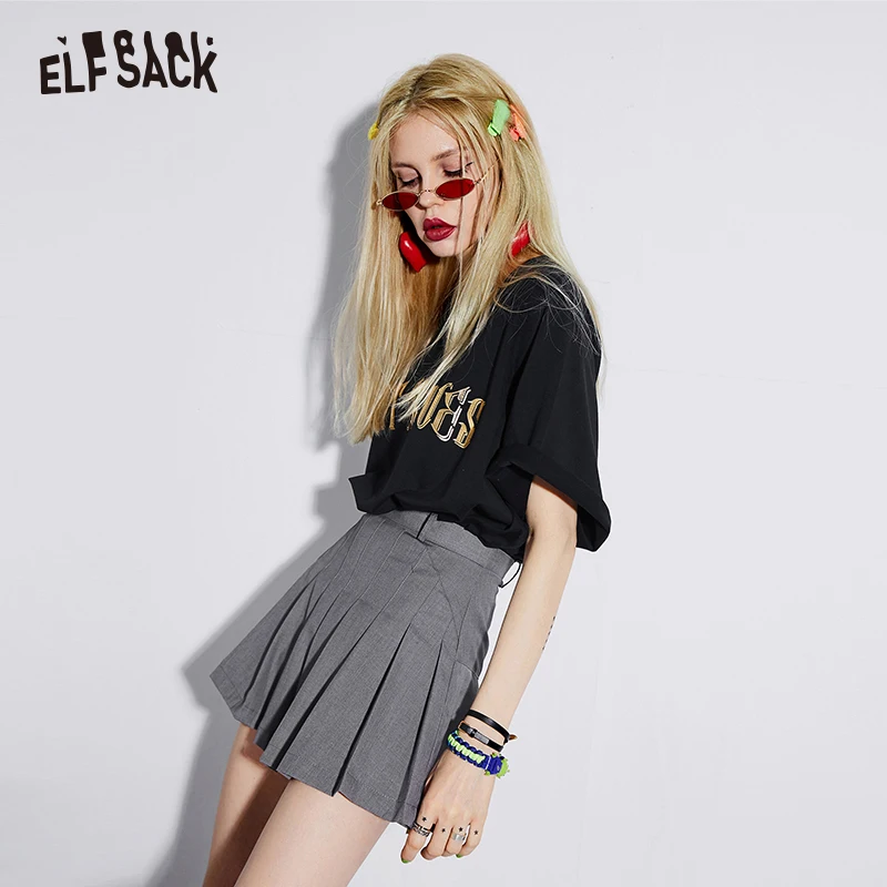 ELFSACK черные хлопковые Женские топы с буквенным принтом Модный Блестящий