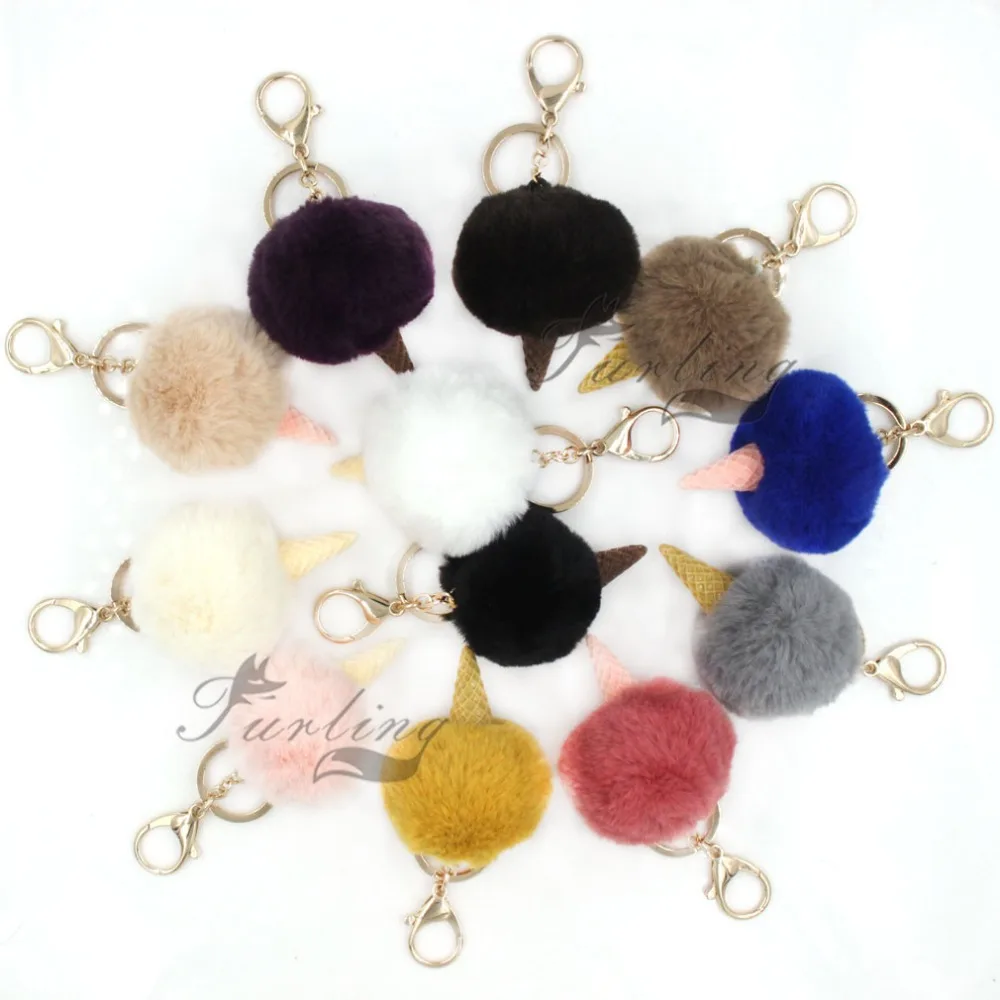 

Furling Soft Faux Rex Rabbit Fur Ice Cream Gold Keychain Pendant Pompom Key Ring for Women Handbag Accessory Gift