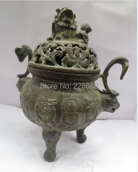 

Collectible Chinese Old Bronze Carved incense burner Lion Lid Chinese Censer Free Shipping