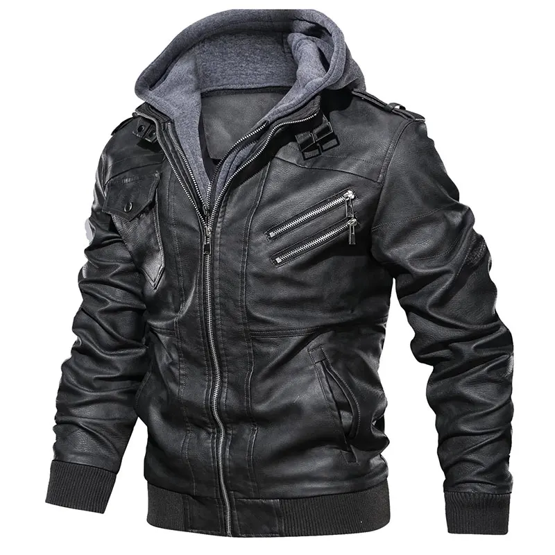 Koop Mannen Lederen Jas Casual Motorfiets Verwijderbare Kap Pu Leather Jacket 2019 Nieuwe Mannelijke Schuine Rits Europese maat jaqueta couro