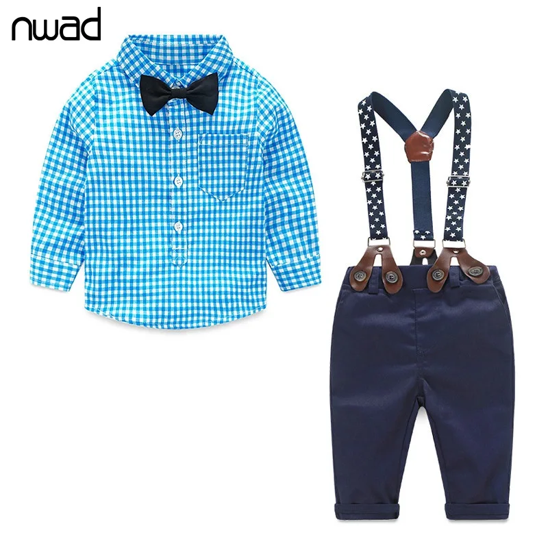 NWAD Baby Boy Clothes 2017 Autumn Newborn Baby Sets Infant Clothing Gentleman Suit Plaid Shirt+Bow Tie+Suspender Trousers FF032
