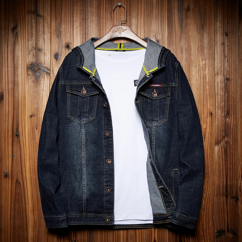Уличная мужская хлопковая джинсовая куртка в стиле хип-хоп с капюшоном, модная мотоциклетная мужская приталенная повседневная черная джинсовая куртка, пальто размера плюс 7XL 8XL