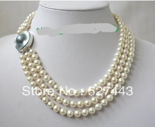 

Wholesale free shipping >>stunning 3rows 8mm perfect round freshwater pearl necklace mabe pearl clasp