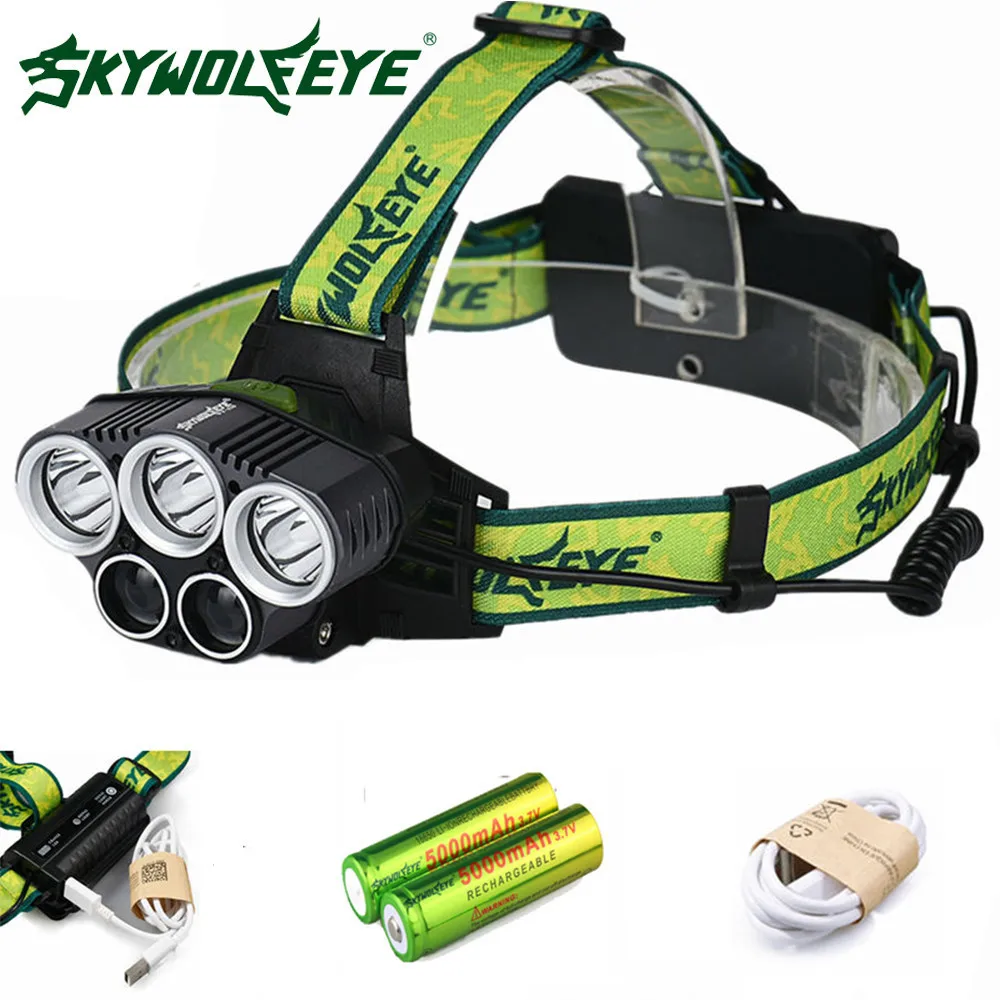 

SKYWOLFEYE LED Headlamp Cree XML T6 20000 Lumens 4 Mode 5X LED Headlight USB Power Rechargeable Hunting Head Light+18650 Battery