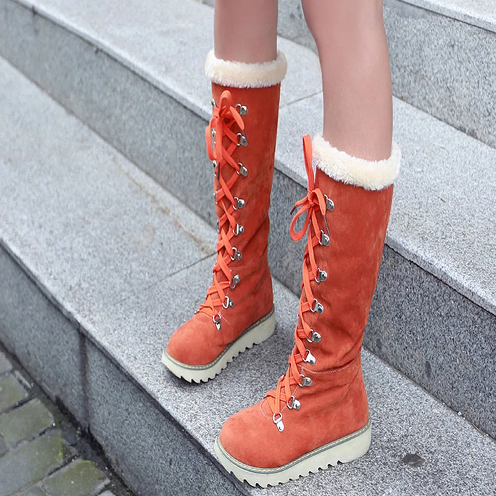 

Women's knee high boots Short Plush Keep Warm winter Snow Boots women Versatile laced women's platform boots chaussures femme