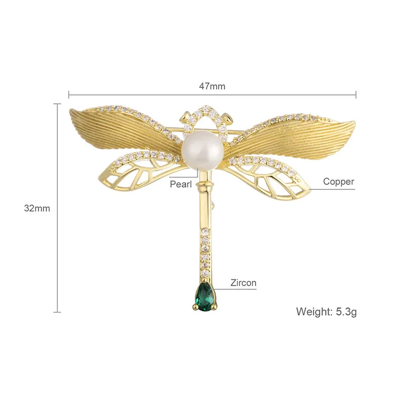Искусственный жемчуг, циркон, стрекоза, броши для женщин и мужчин, золотой цвет, медь, мужская и женская брошь на булавке, модная праздничная одежда, ювелирные изделия