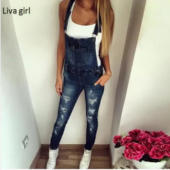

New Fashion Jeans Jumpsuits Romper Women Sexy rippped Hole Denim Jumpsuits Body Feminino Pencil Pant Overall Bodysuit girls blue