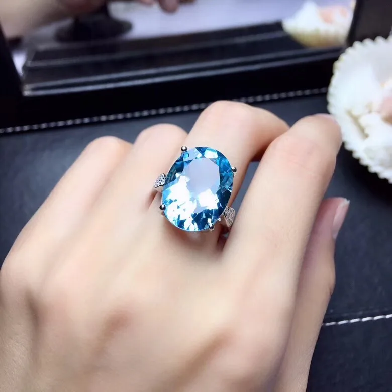 Большой размер ясный Небесно-Голубой топаз; драгоценный камень кольцо с 925 серебро лучшие продажи подарок стиль