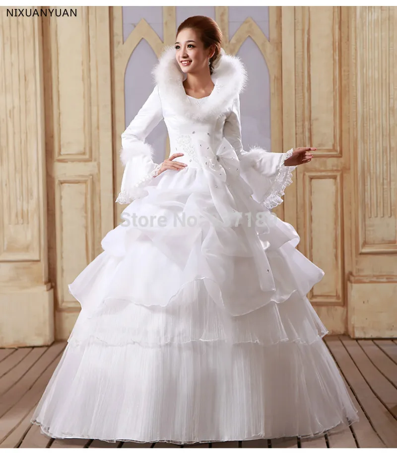 

New Paragraph 2019 Winter Neat Long Sleeve Add Cotton Thickening Winter Bride Winter Clothing Warm Wedding Dress