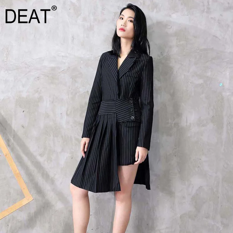 

[DEAT] 2019 New Spring Lapel Long Sleeve Black Striped Loose Half-body Irregular Skirt Two Piece Suit Women Fashion JC50