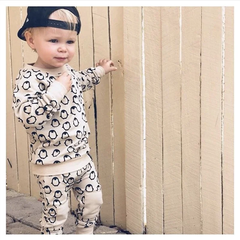 

INS Children's Causal set 2PCS sweater&Pants kids 100%Cotton penguin print Suits little boys girls clothes Toddler Baby Outfits