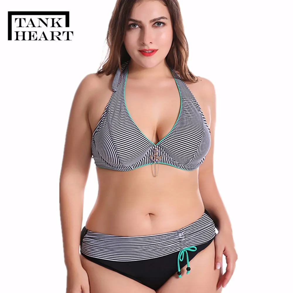 

Tank Heart Striped 6XL Plus Size Solid Biquini Bikini Set Push Up Swimwear Women Swimsuit Plussize Beach Swimming Bathing Suit