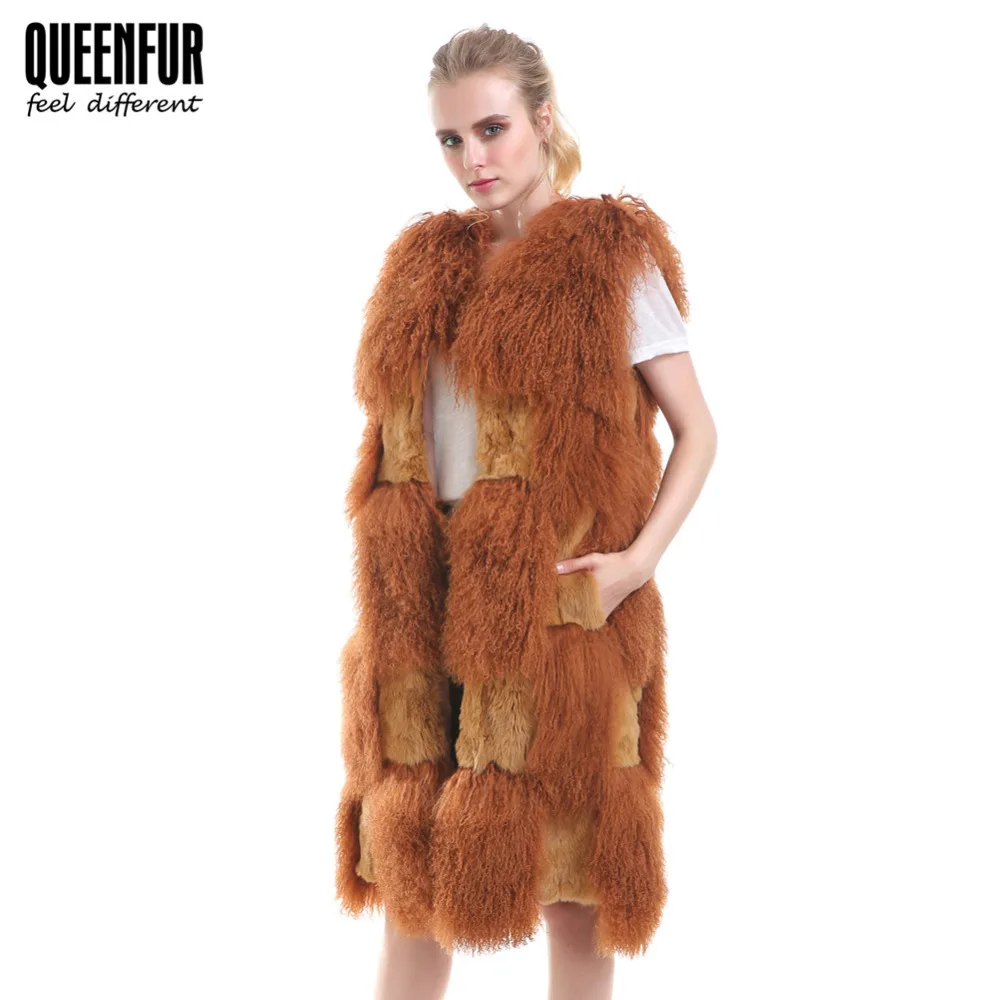 QUEENFUR Real Mongolia Sheep Fur Vest For Women Winter Beach Fur Coat