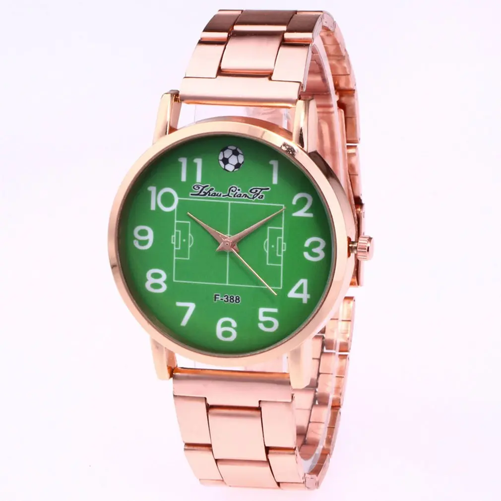 Нержавеющая сталь ремень Зеленый циферблат Футбол узор Роскошные модные дешевые Для женщин кварцевые часы Для мужчин подарок на день
