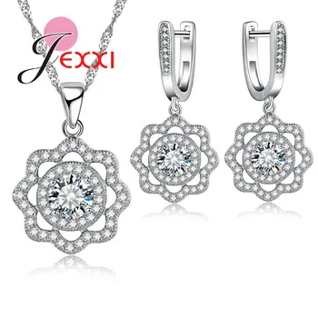

Big Promotion New Arrivals Trendy Necklace + Earrings Set Hotsale Fashion High Quality Flower Rhinestone Silver Jewelry