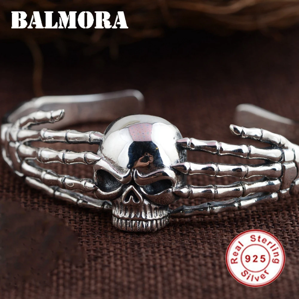 

BALMORA Authentic 925 Sterling Silver Vintage Skull Open Bangles for Men Skeleton Punk Jewelry Accessories Esposas SYB21529