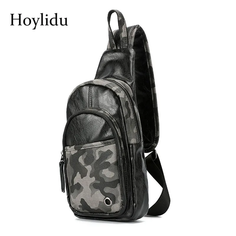 

Camouflage PU Leather Men's Chest Packs Fashion Vintage Travel Casual Korean Business Waterproof Adjustable Strap Shoulder Bags