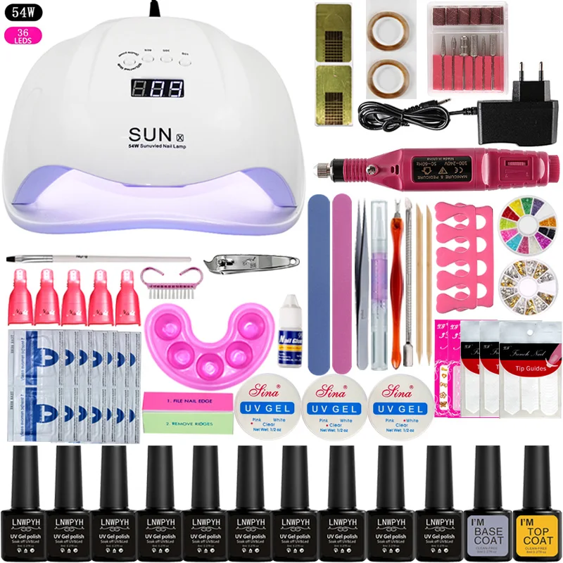 

36/48/54W UV LED lamp Dryer With Soak Off Manicure Tools Set electric Nail drill kit 10pcs Nail Gel Polish Kit Nail Set