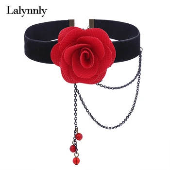 

Lalynnly New Black Velvet Choker Necklace Red Rose Necklace with Bead Collar Choker Necklace for Women Vintage Jewelry N60461