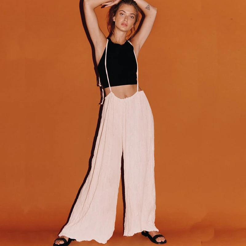 

Women Jumpsuits Retro Solid Color Wide Leg Pants Strap Sling Jumpsuit Summer Loose Female Comfortable Party Clothing F4