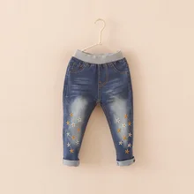 Новая корейская детская одежда г. Весенние всесезонные штаны джинсы с вышитыми цветами для девочек