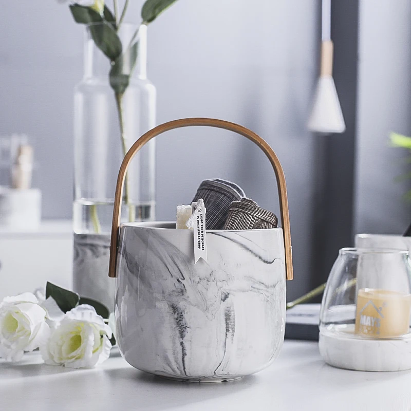 

Cearamic marble storage with wood handle flower vase home decor ice cooler