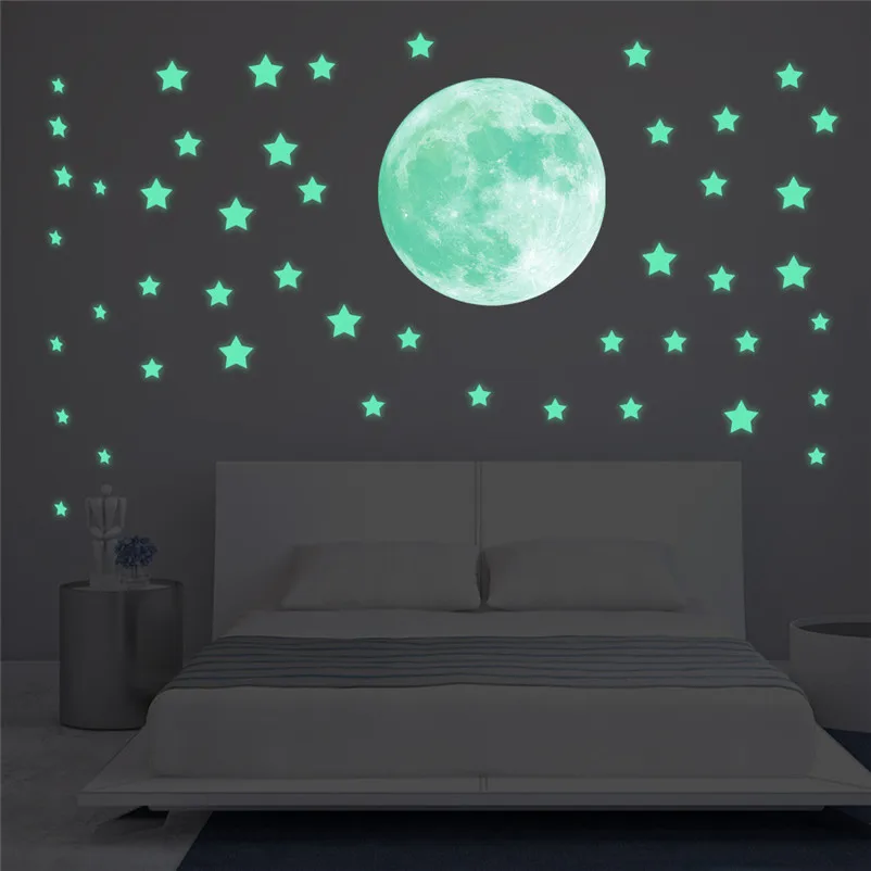 1 Set 38pc Stars and 1 Pc Moon Glow In Dark Wall Ceiling Stars Moon Stickers Wall Stickers Night Kid Home Decor Gift Q3