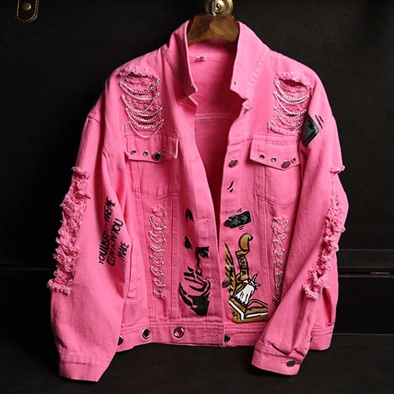 

Women Denim Jackets Spring Autumn Hole Frayed Hoop Jean Basic Coats Fashion Vintage Color Spray Slim Chaquetas Mujer HCY210