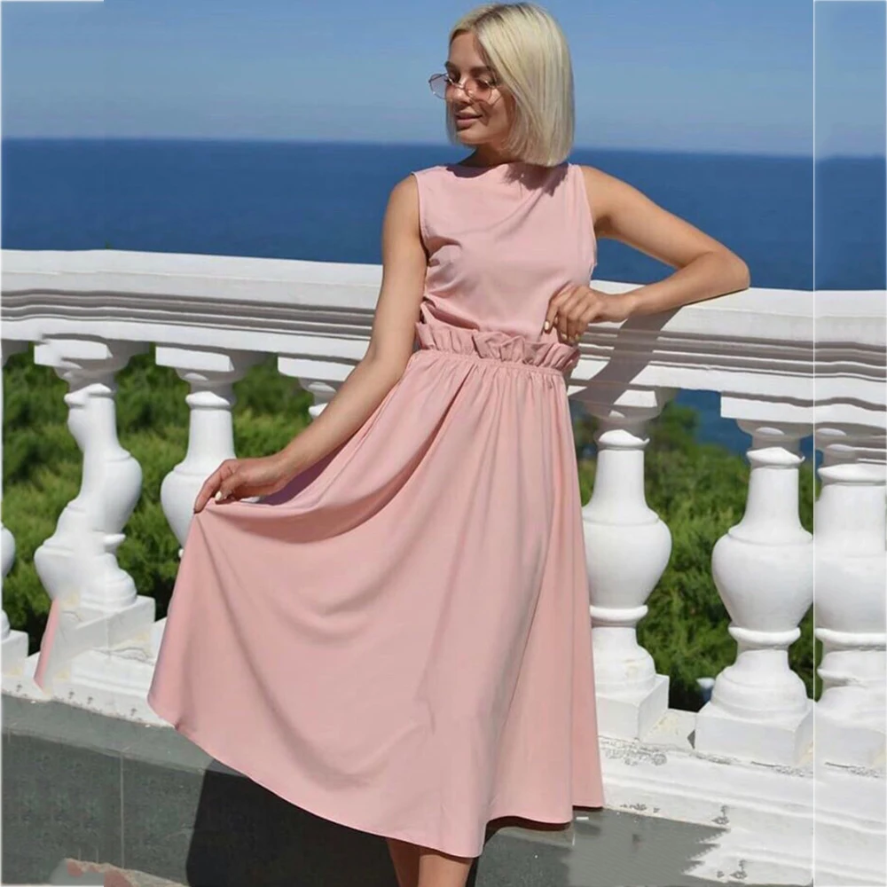 

2019 Summer New Fashion Women's Long Dress Casual O-neck Sleeveless Ruffled Loose Dress Elegant Dress Vestidos