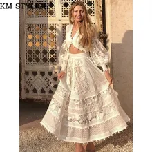 New Women's Set V-neck Cutout Embroidery Fashion Lantern Sleeve Short Top + High Waist Medium Long Skirt Two-Piece Set White burgundy halter design cutout high waist lingerie set