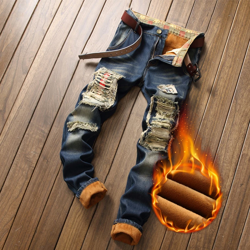 Autumn Winter Men Fashion Ripped Hole Slim Jeans Euro Style Fleece Warm Denim Patchwork Pants Man Casual Personal Quality Jean