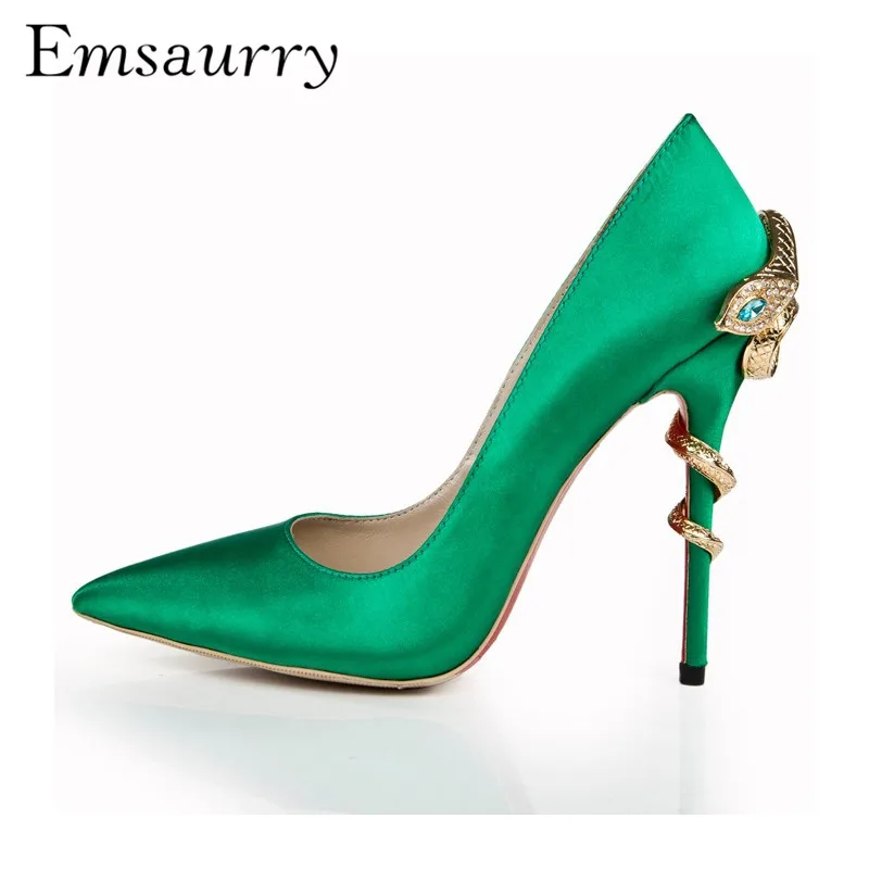 

Luxury Satin Gold Metal Snakelike High Heels Unique Serpentine Leather Pointed Toe Pumps Chaussures Femme
