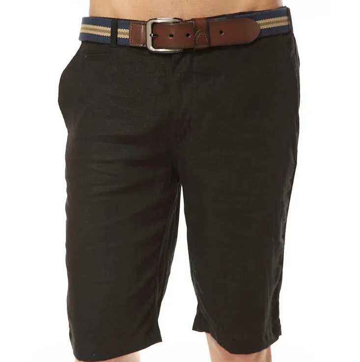 

New Summer Casual Men's 100% Linen Shorts Mid Waist Loose Washed Black Shorts
