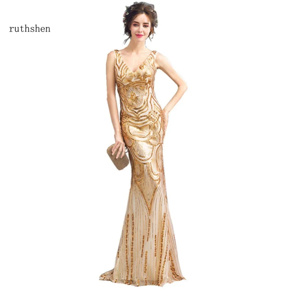 ruthshen Reflective Dress Gold Evening Dresses Long 2018 New Tailored Sequined Mermaid Prom Gowns Formal Occasion Dress