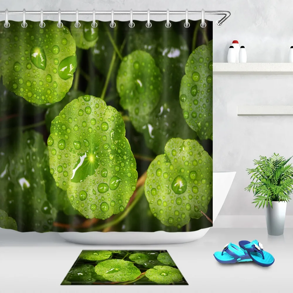 

LB 3D Green Water Droplets Leaves Shower Curtain with Mat Set Bathroom Extra Long Waterproof Polyester Fabric For Bathtub Decor