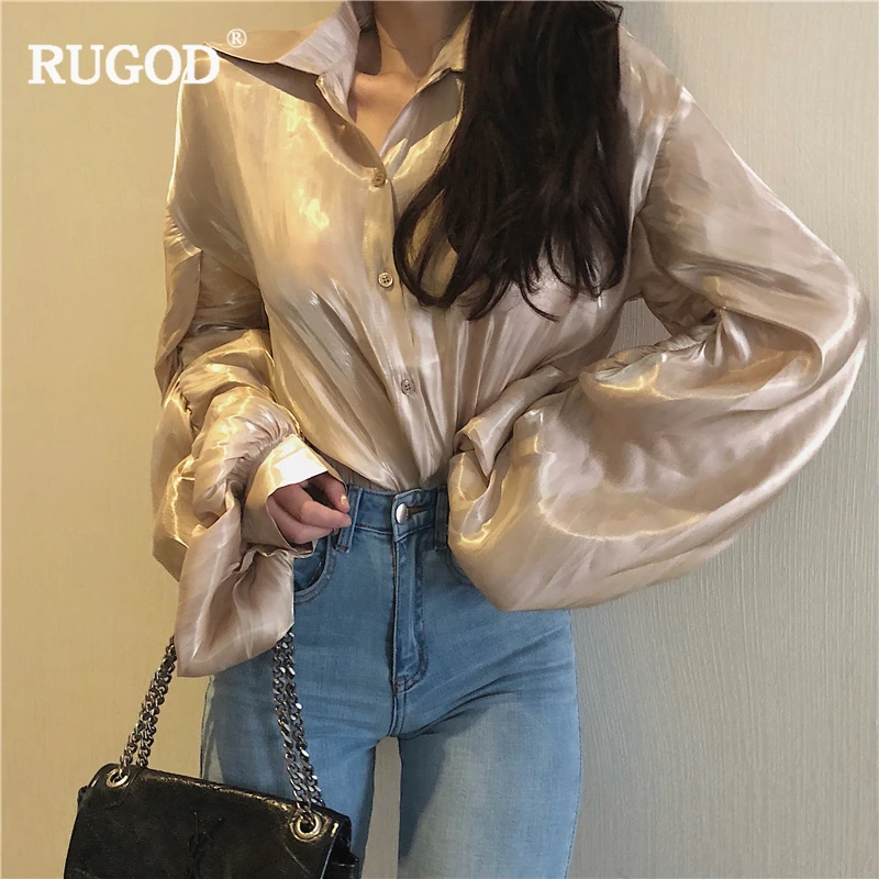 RUGOD новая Корейская Золотая Свободная блузка женская модная рубашка с длинным рукавом-фонариком и отложным воротником женские осенние блузки Befree