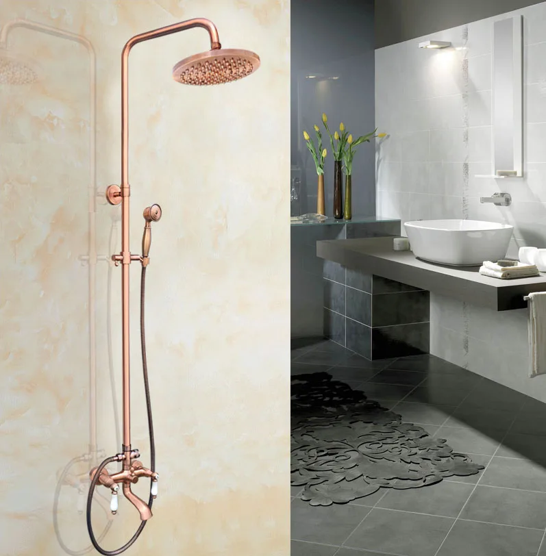 

Antique Red Copper Brass Dual Ceramic Handles Bathroom 8" Round Rain Shower Head Faucet Set Tub Mixer Tap Wall Mounted mrg573