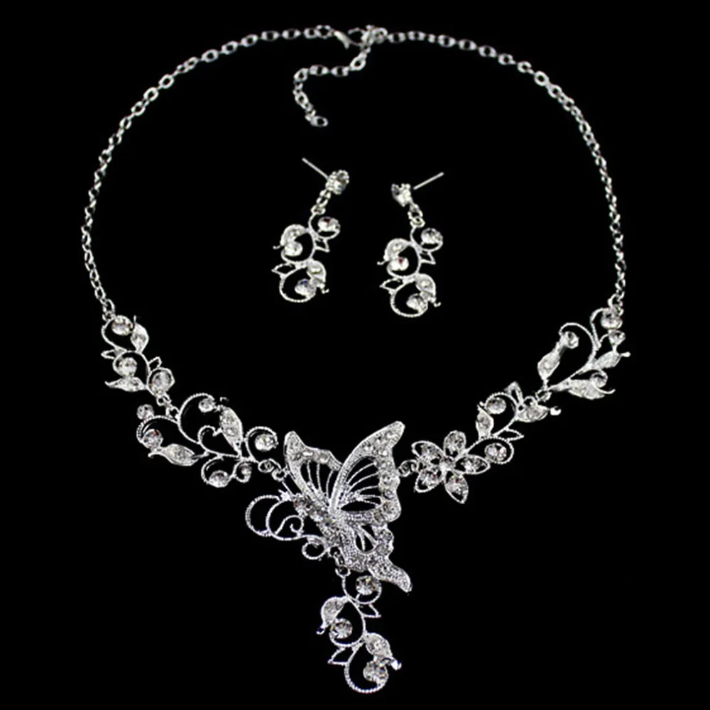 

Women Bride Prom Jewelry Necklace Pierced Earrings Hollow Butterfly Flower Rhinestone Jewelry Sets