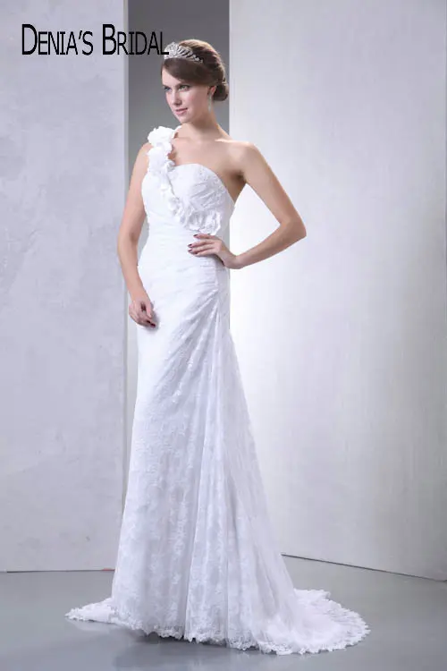 Actual Images One Shoulder Lace Sheath font b Wedding b font Dresses Pleats Floor Length Sweep