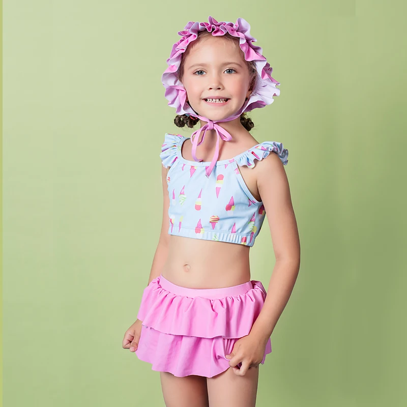 2017 Print Ice cream Two piece Swimsuit Girls kids Tankini with Skirt