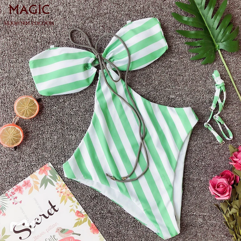 

New Green Strip Print Swimsuit Women Bandaue One Piece Swimming Suit Sexy High Cut Backless Swimwear Female Bathing Suit Beach