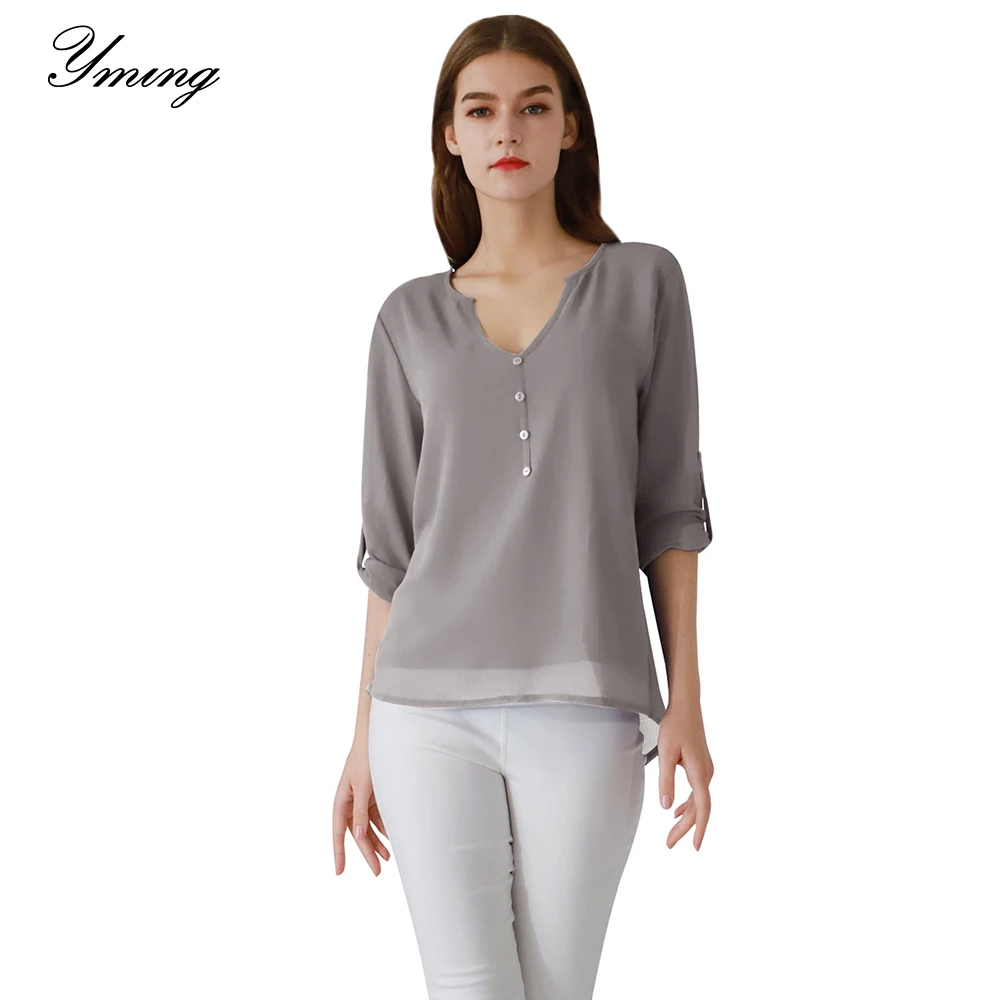 

Yming Chiffon Blouse Women Button Fashion Shirt Solid Casual Ladies Tops Female Shirts Office Tunic Long Sleeve Blouses Blusas
